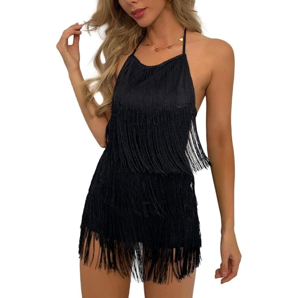 🆕 Women Black Fringe Dress Jumpsuit Sexy Western Country Concert Tassel Romper